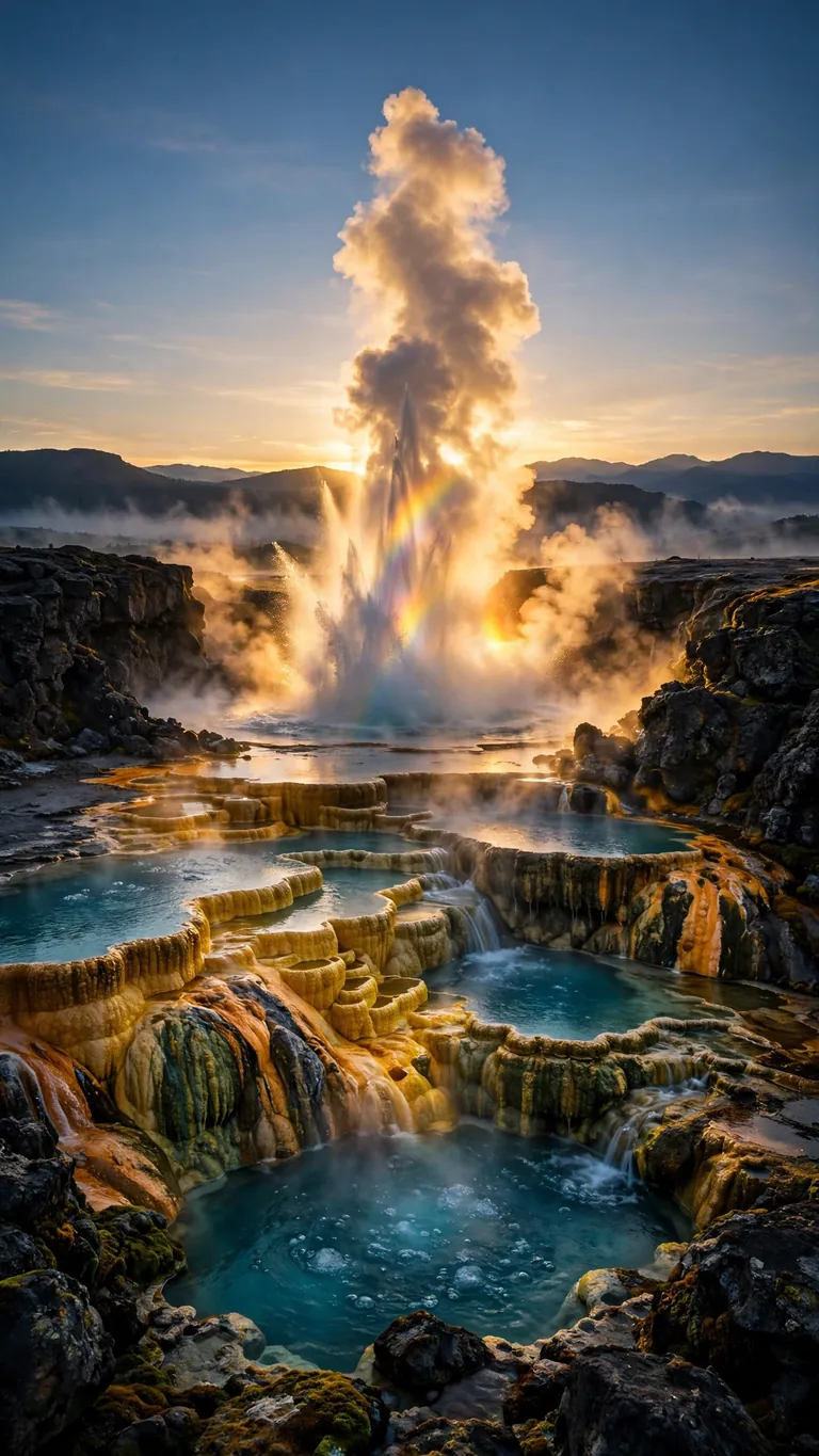 Phone wallpaper of geyser steam plume at sunrise