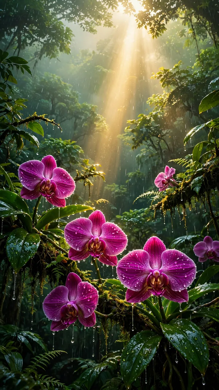 Phone wallpaper of orchids in rainforest canopy
