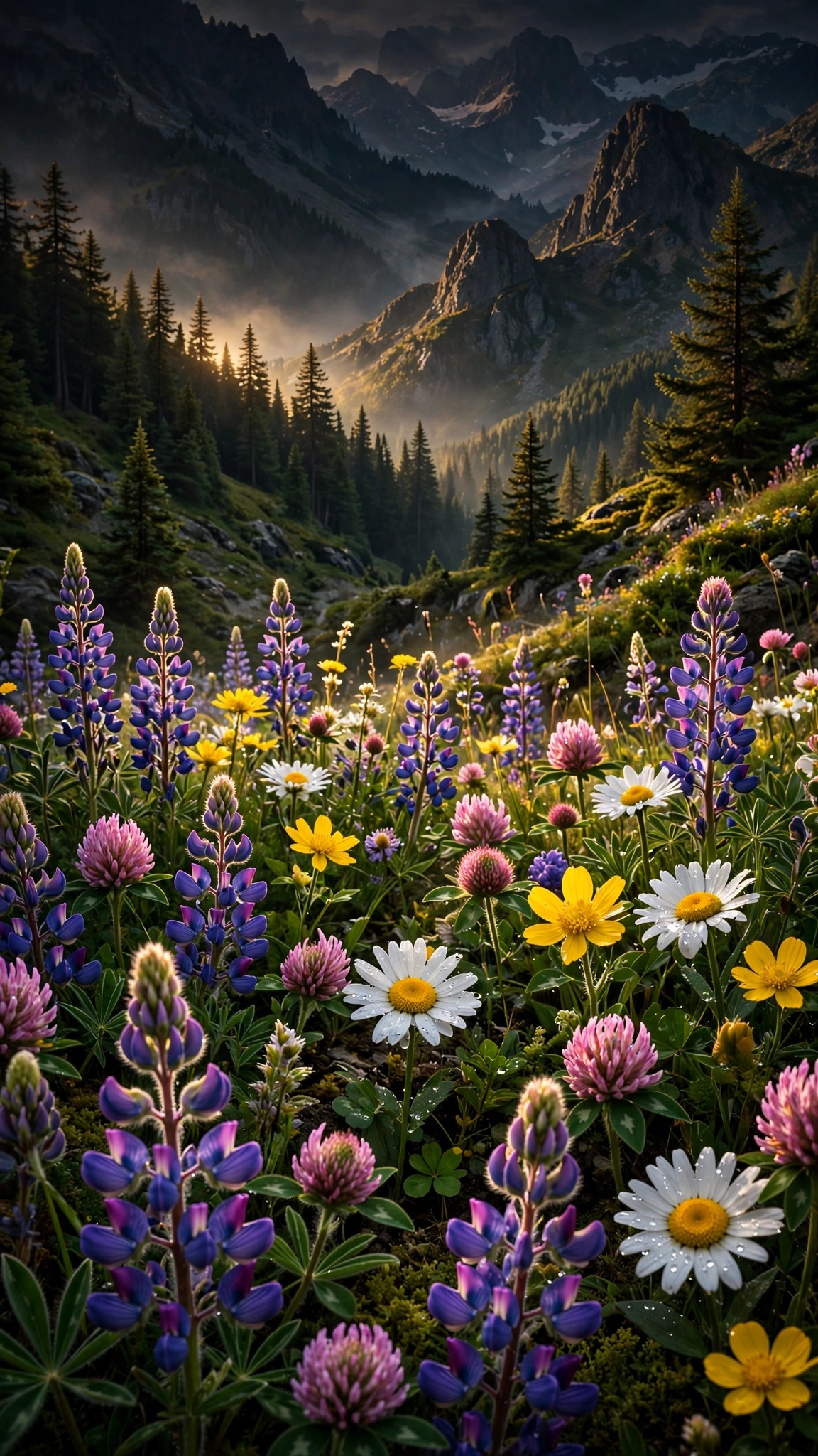 Colorful alpine wildflowers in a summer meadow with dark pine slopes and rugged peaks behind