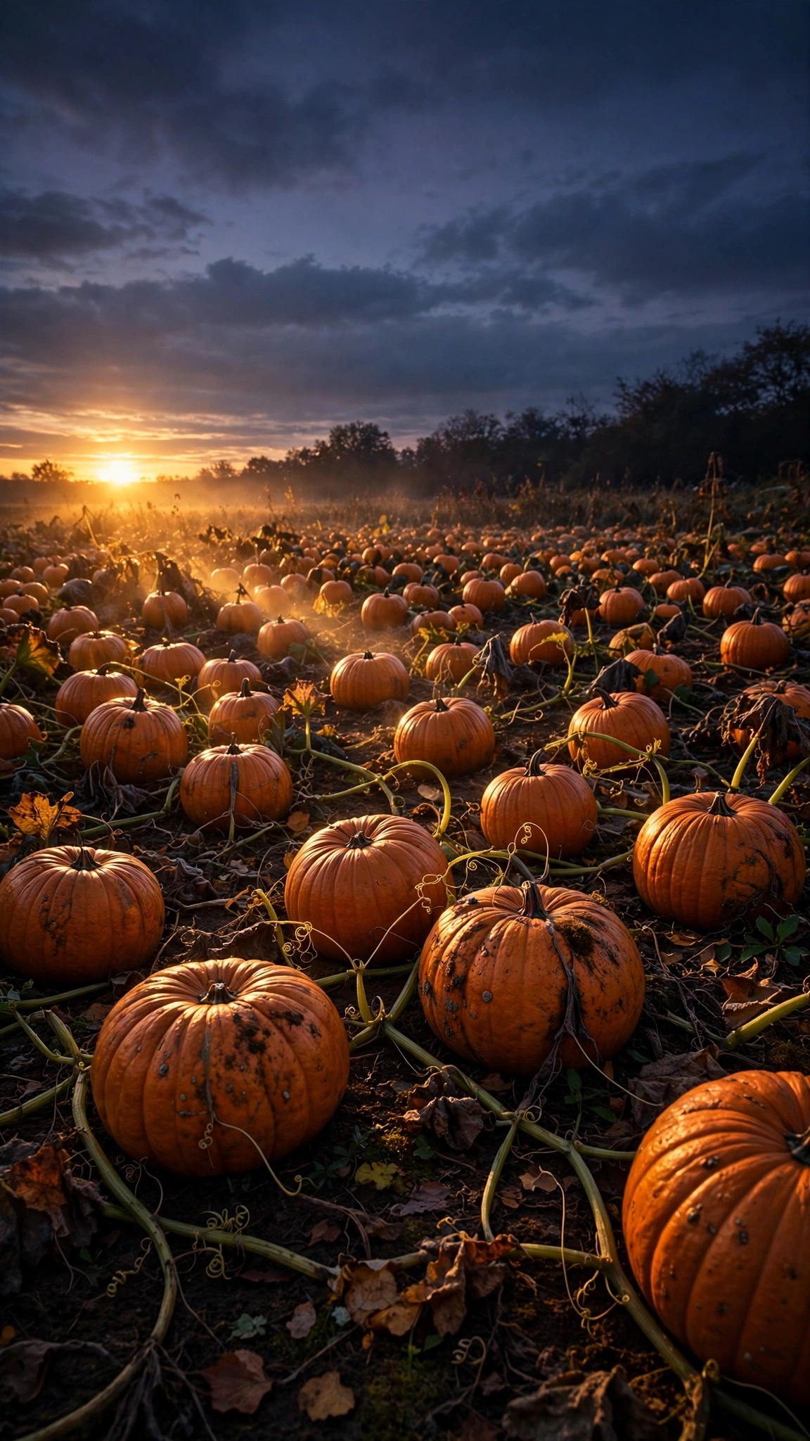 Ripe orange pumpkins with curling vines scattered across a harvest field at dusk in warm golden light