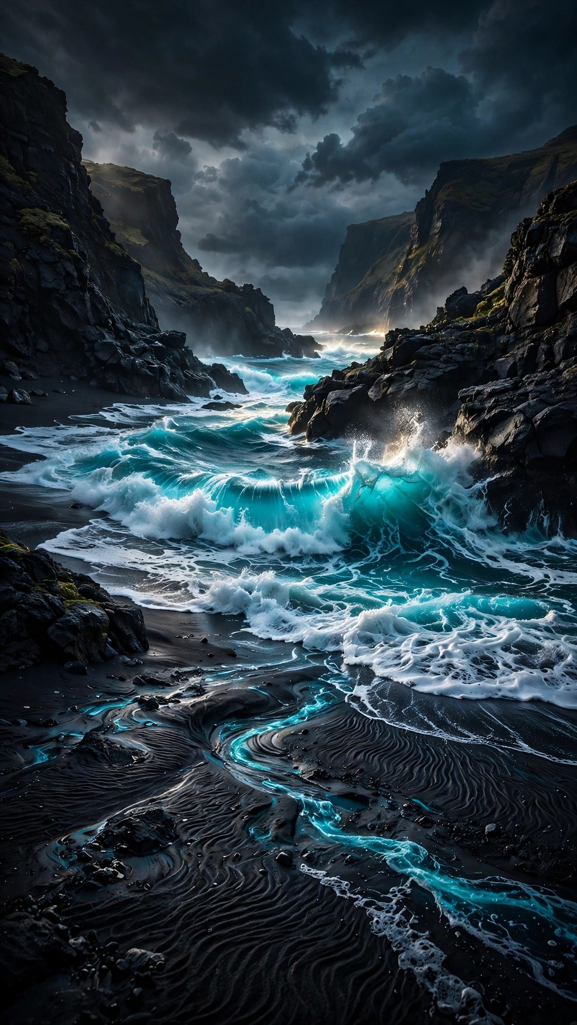 Turquoise waves breaking in foam over a volcanic black sand beach with dark cliffs