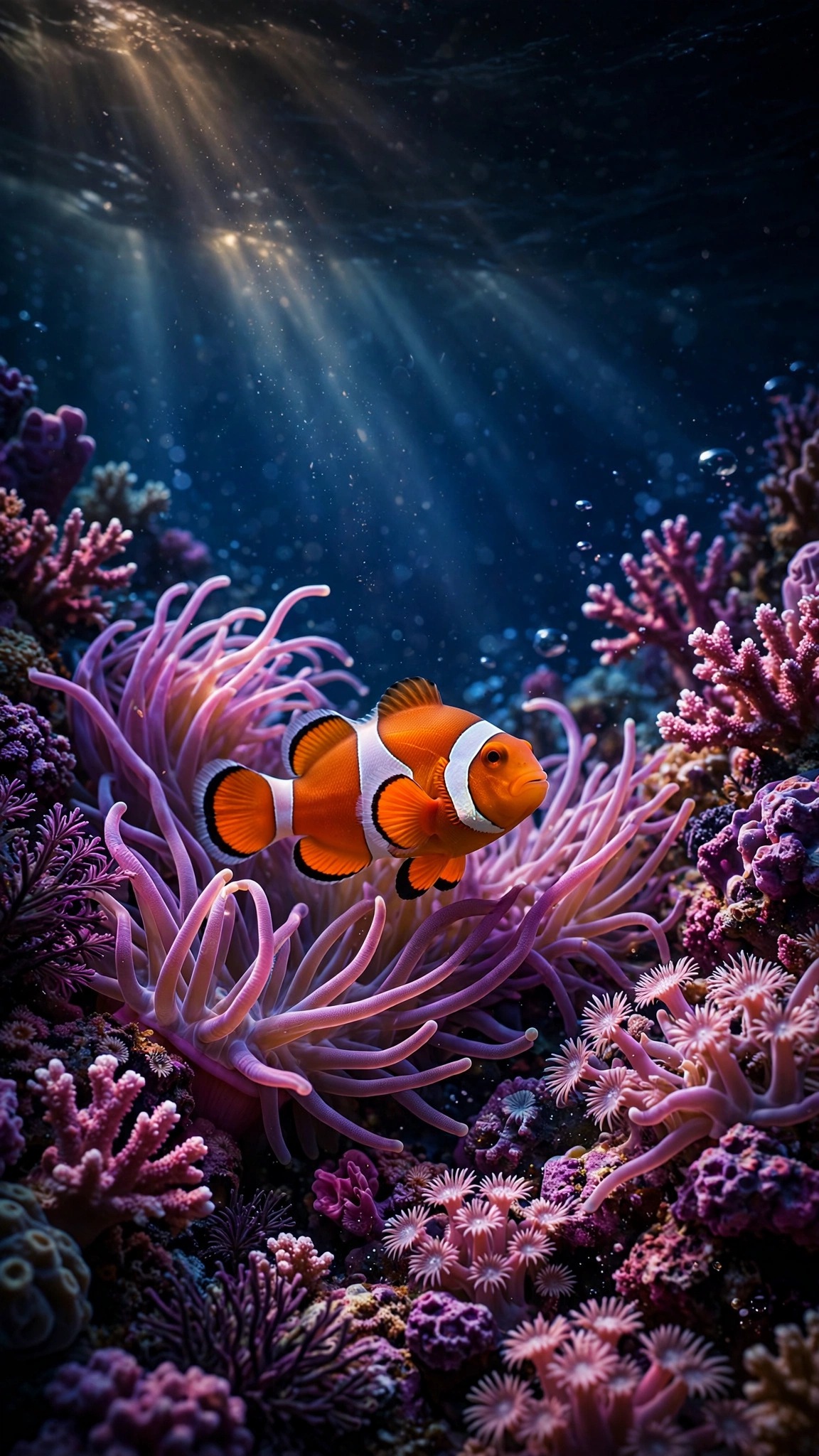 Orange clownfish swimming among purple sea anemones on a coral reef