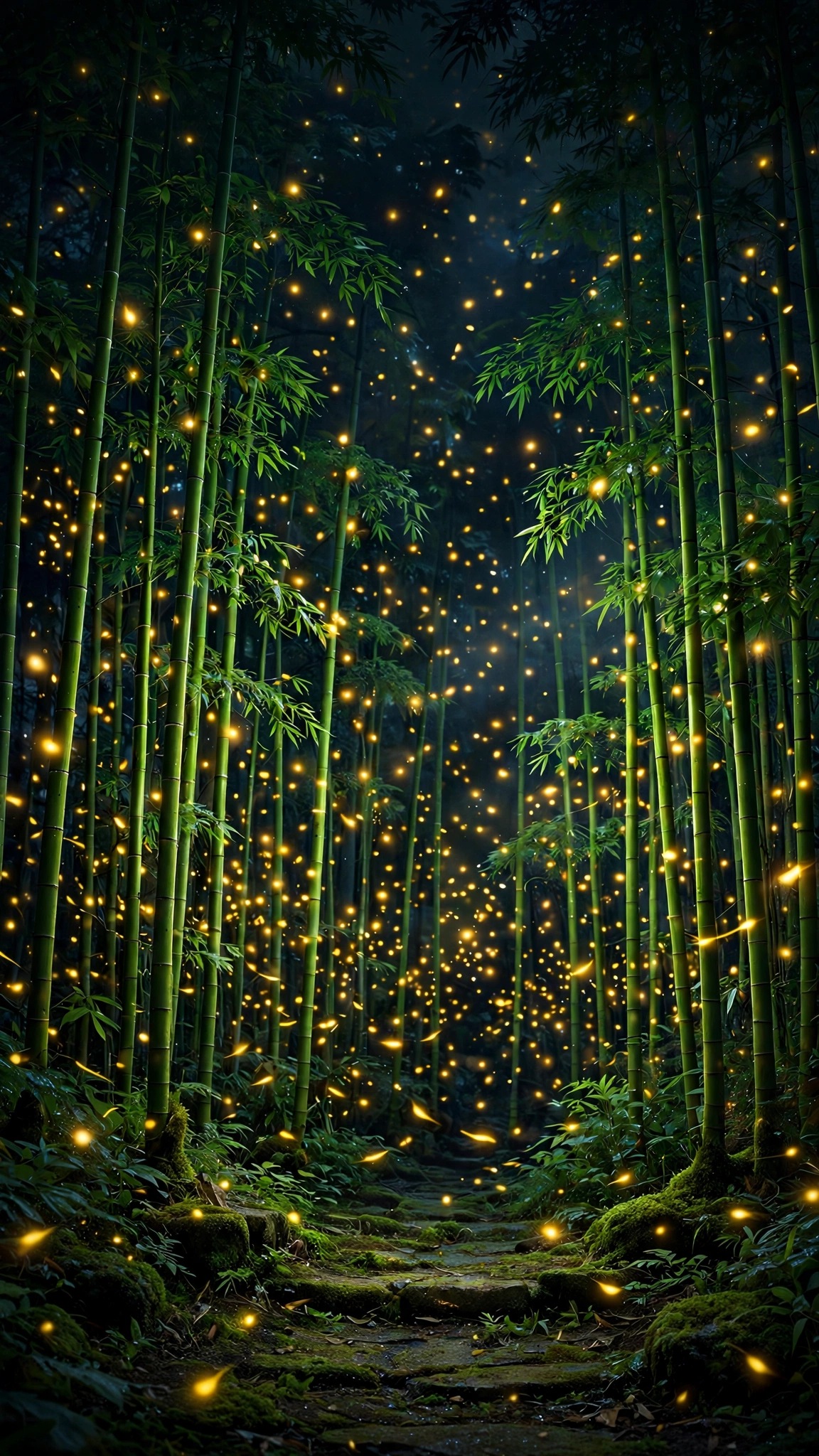 Golden fireflies glowing in a bamboo forest at night