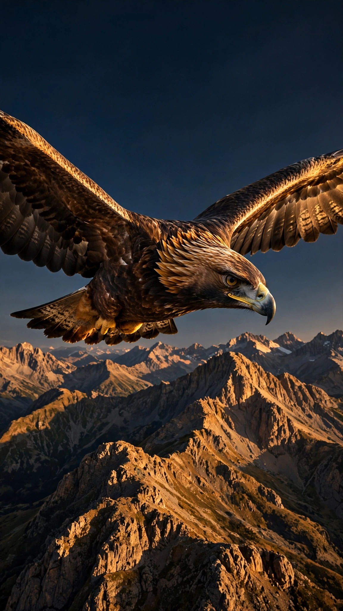 Golden eagle soaring above mountain peaks at golden hour
