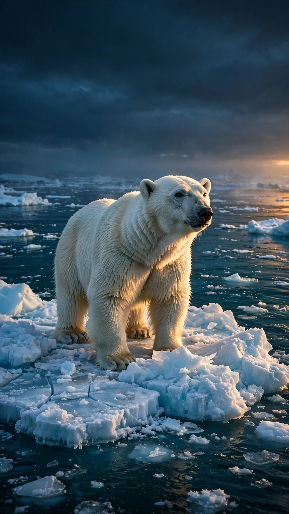 Polar bear standing on an Arctic ice floe in golden sunlight