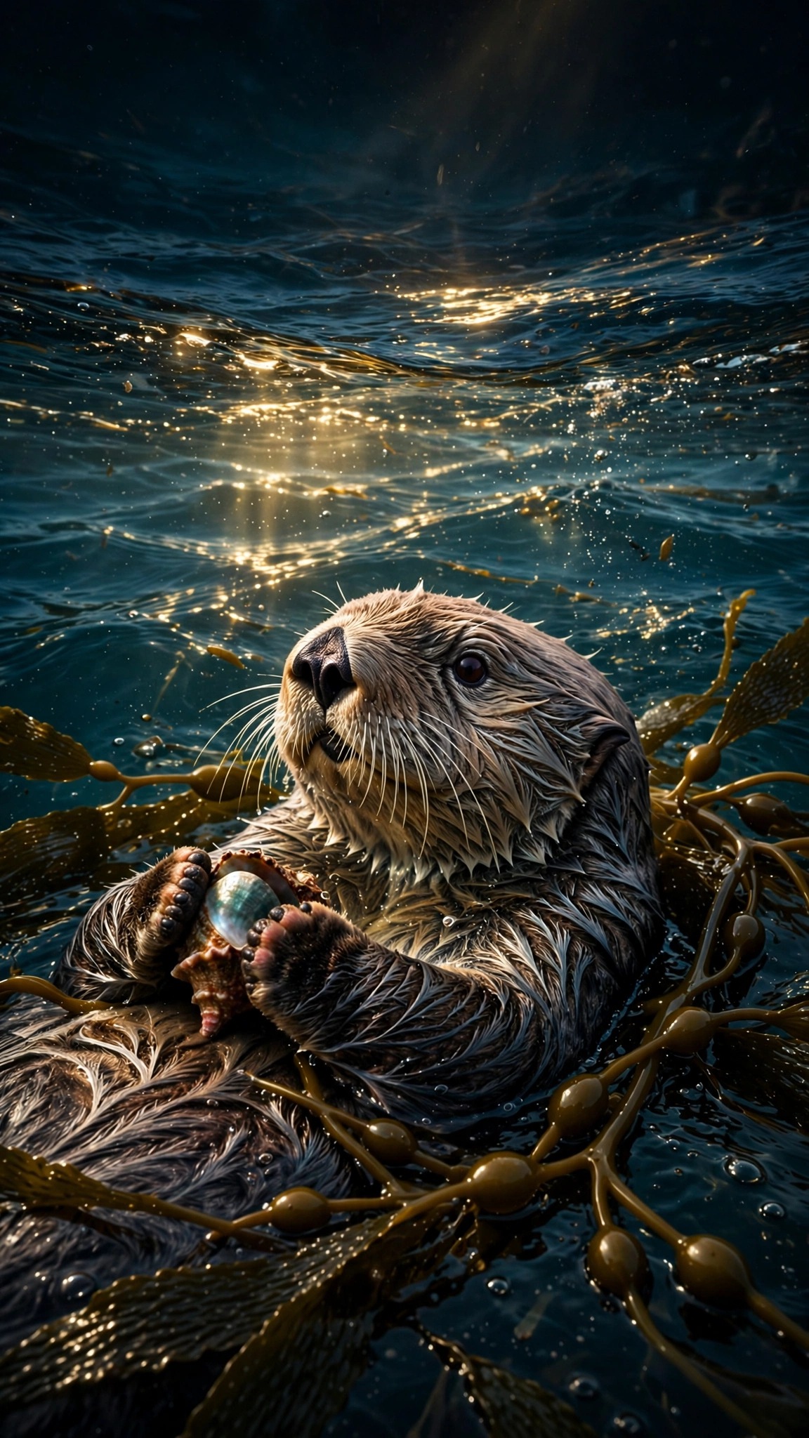 Sea otter floating on its back in kelp holding a shell