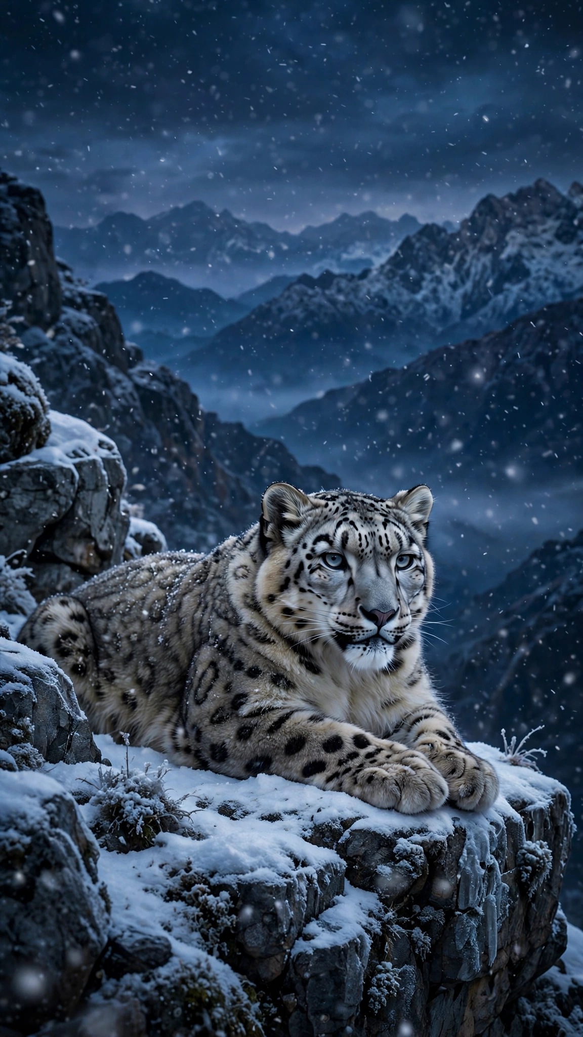 Snow leopard resting on a snowy Himalayan cliff in falling snow