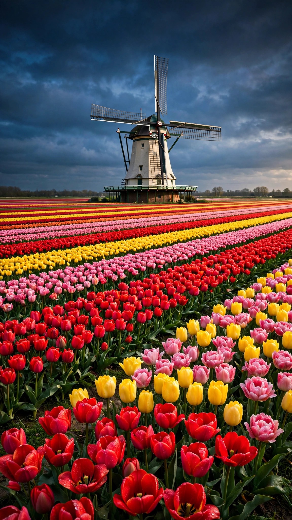 Striped tulip fields with a Dutch windmill in spring