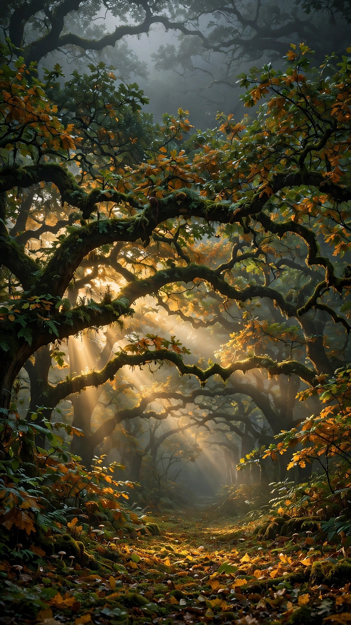 Mossy oak avenue in morning mist with golden sunbeams