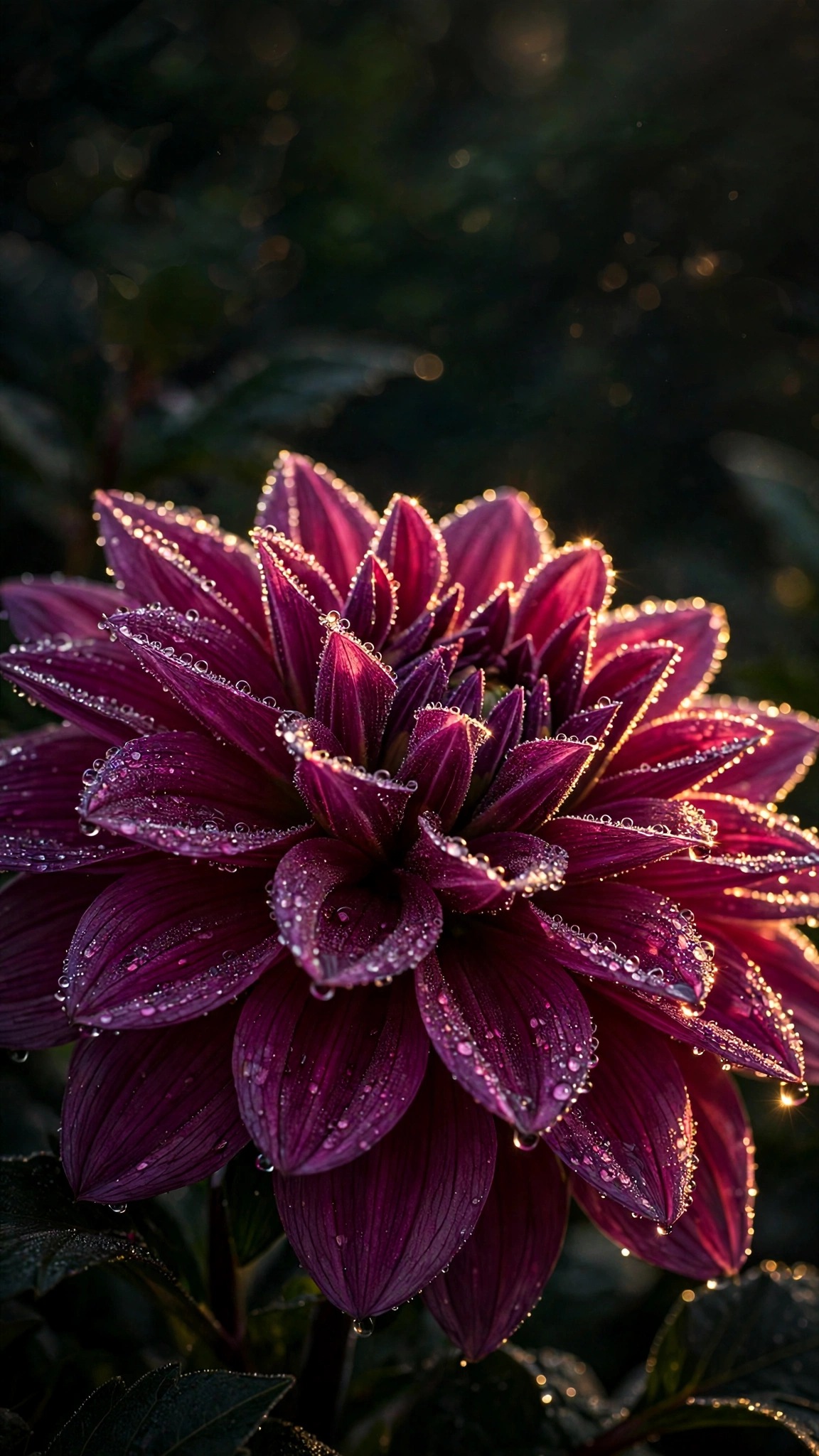Magenta dahlia bloom covered in dewdrops in golden dawn light