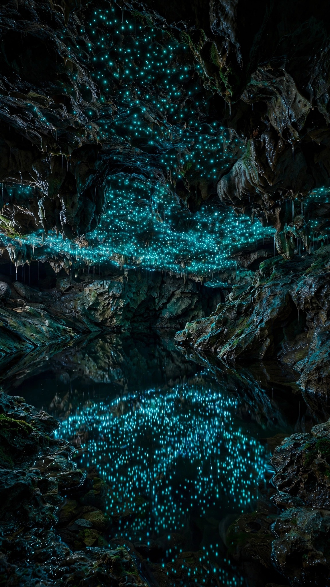 Glowworm-lit cave ceiling reflected in a still underground river at night