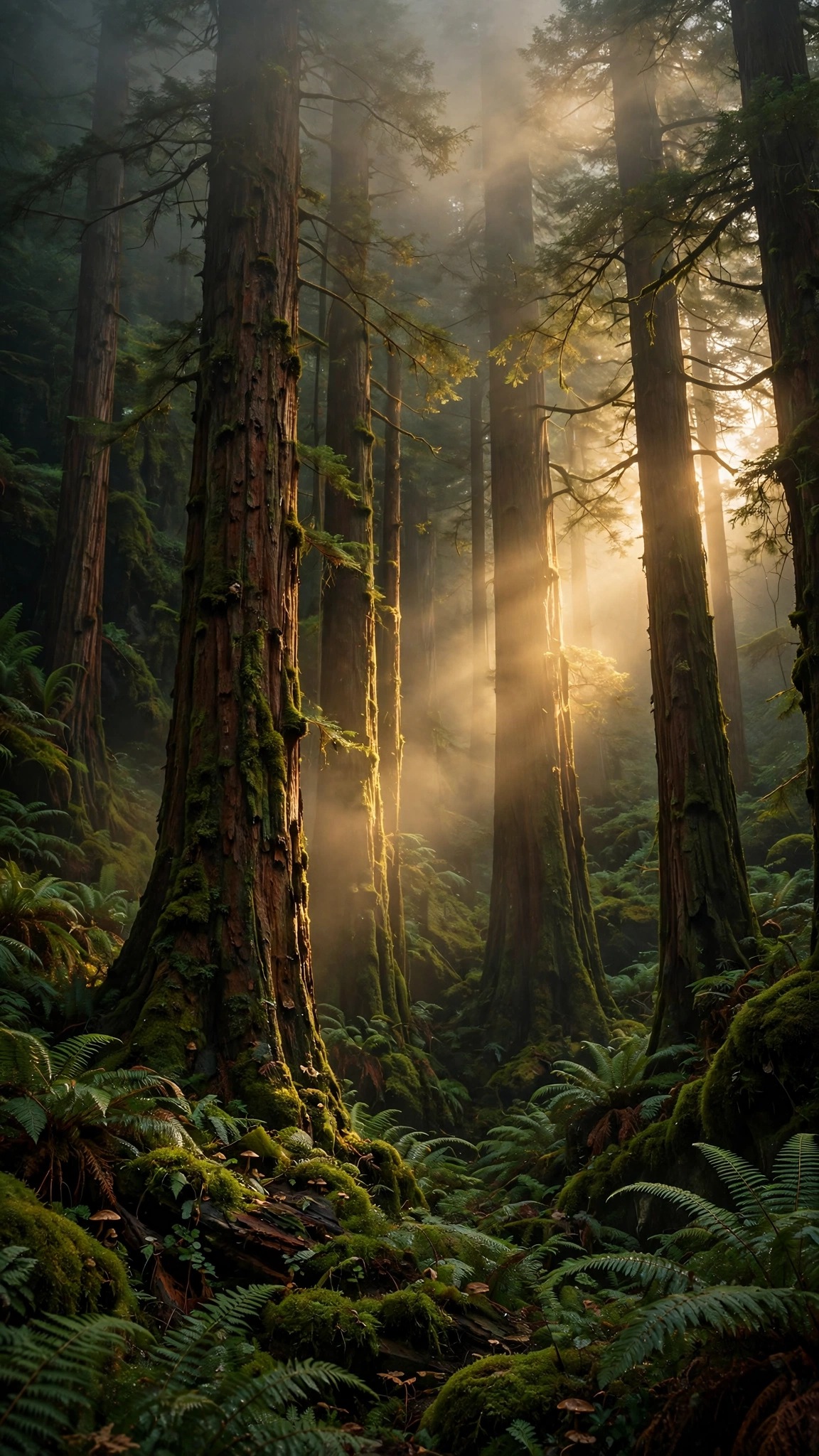 Towering redwood trees in misty dawn light with ferns and mossy forest floor