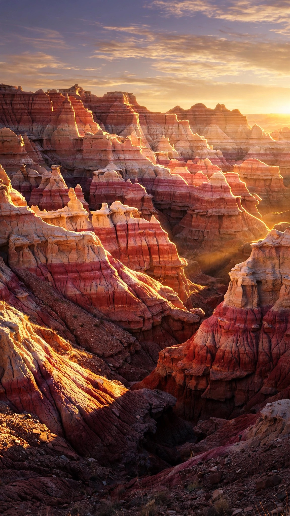 Striped painted desert badlands mesas in golden hour light