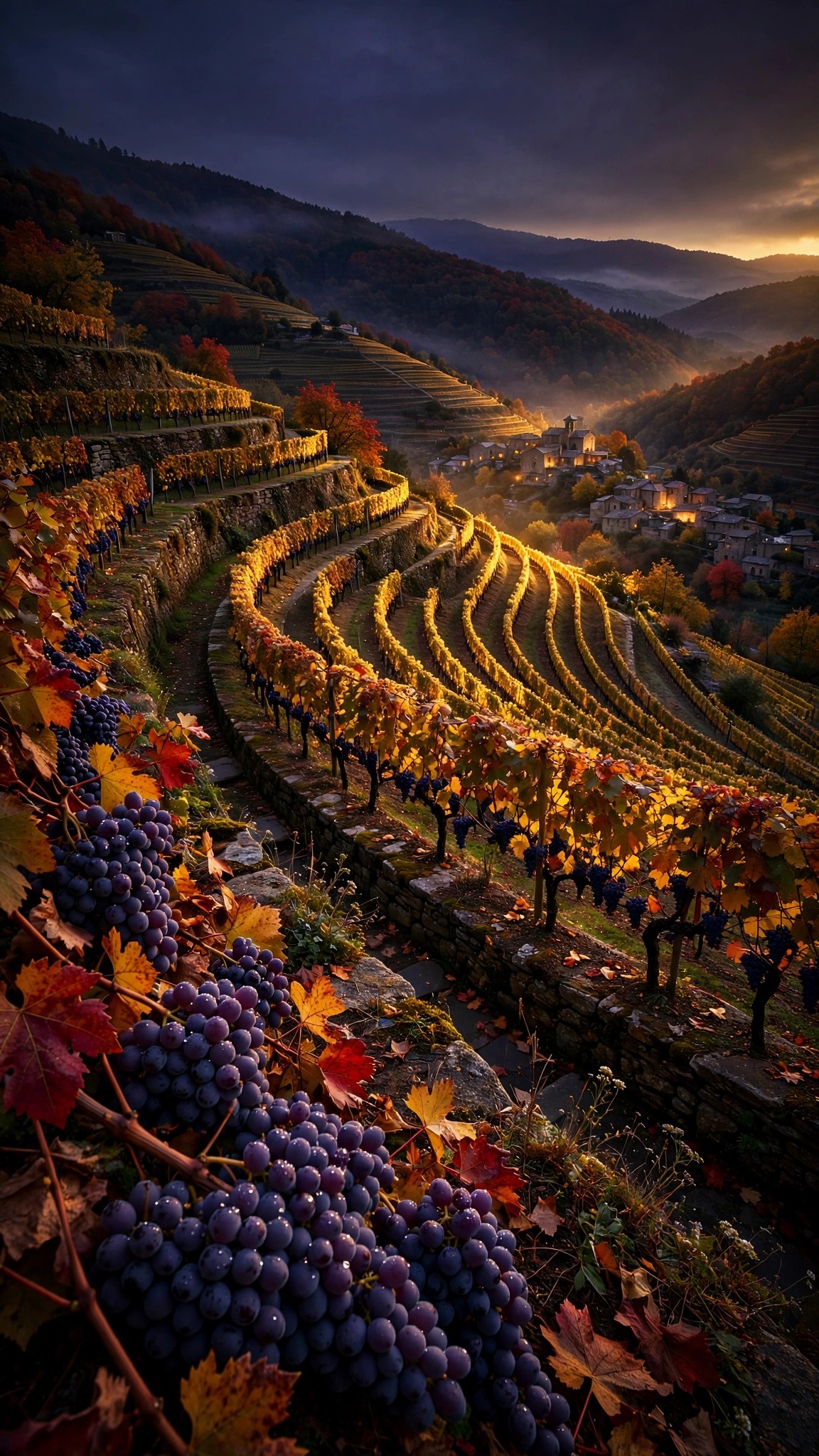 Terraced vineyard hills with purple grapes and a stone village at dusk