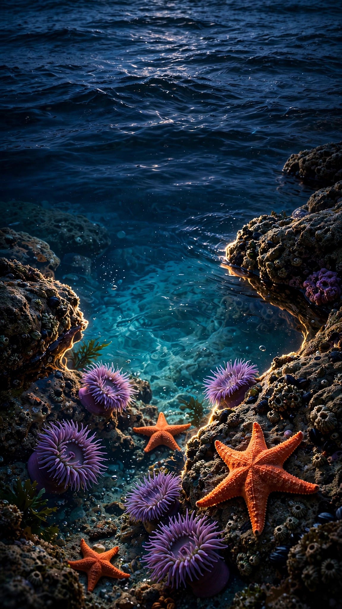 Orange starfish and purple anemones beside a turquoise tide pool at dusk
