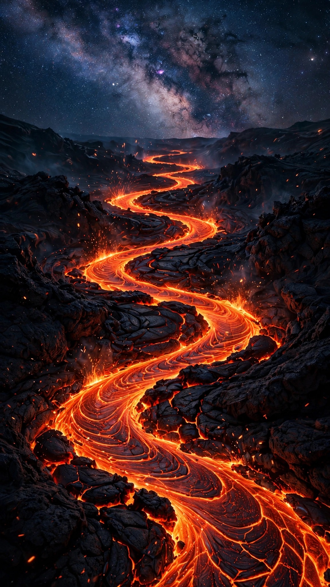 Glowing lava river flowing through black rock under a starry night sky
