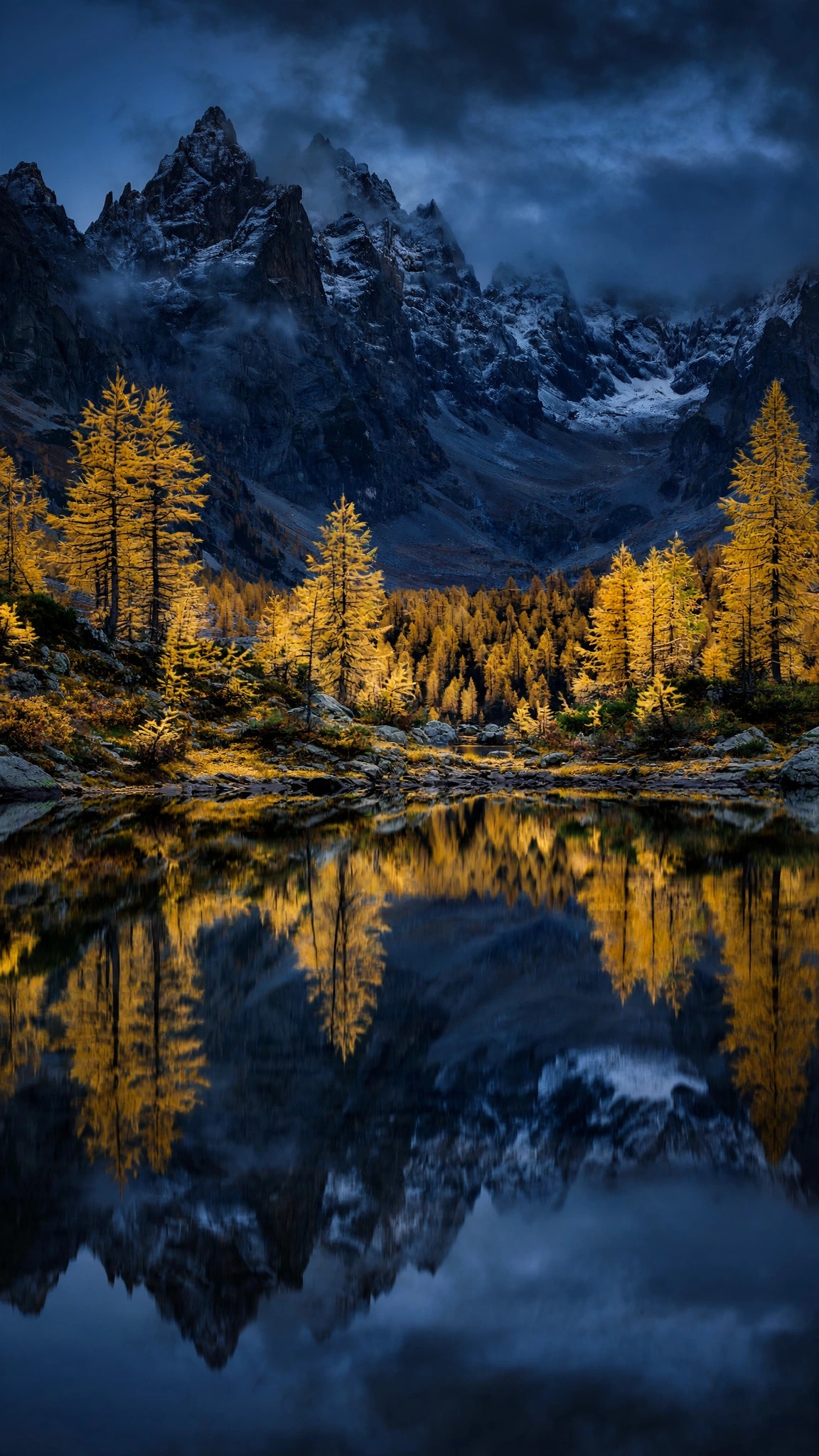 Golden Larch Lake in Autumn - free phone wallpaper