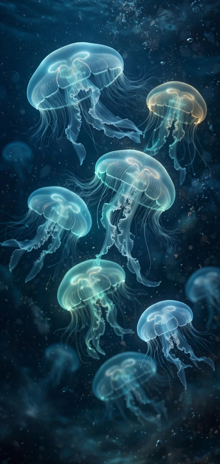 Bloom of translucent jellyfish pulsing gently in deep blue water