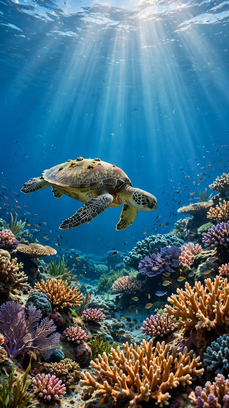 Graceful sea turtle gliding over a vibrant coral reef with sun rays streaming down through blue water