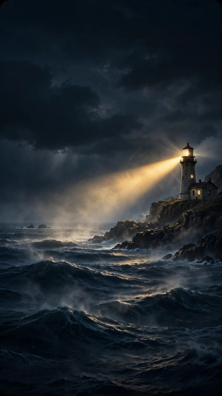 Lighthouse beam sweeping across dark rolling night waves