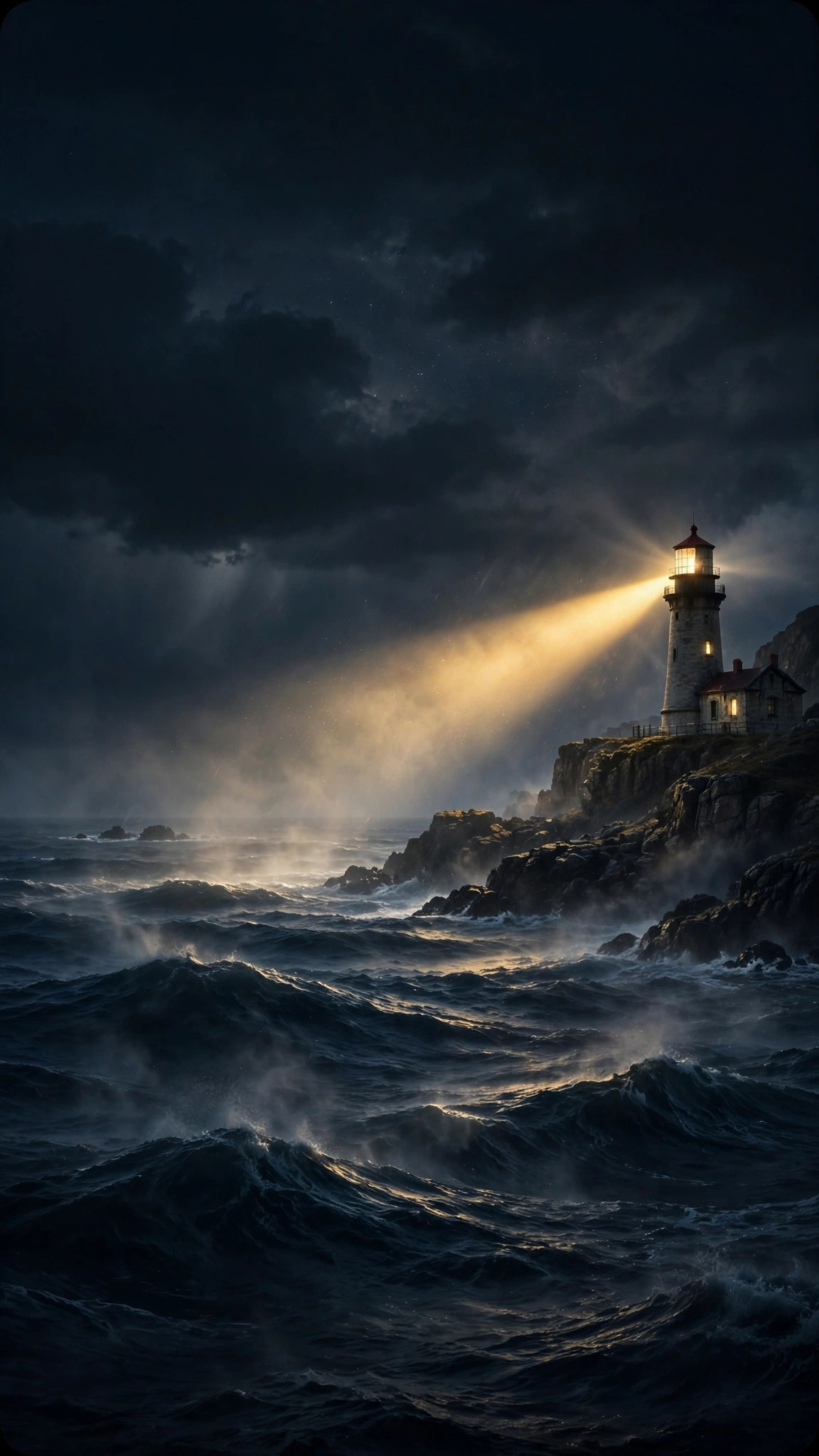 Lighthouse beam sweeping across dark rolling night waves
