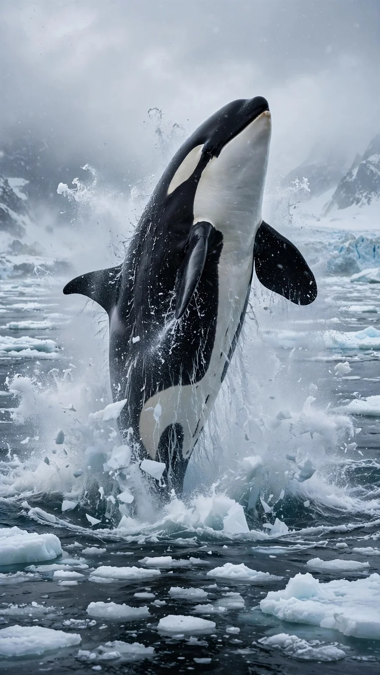 Massive orca breaching out of cold arctic water with explosive spray