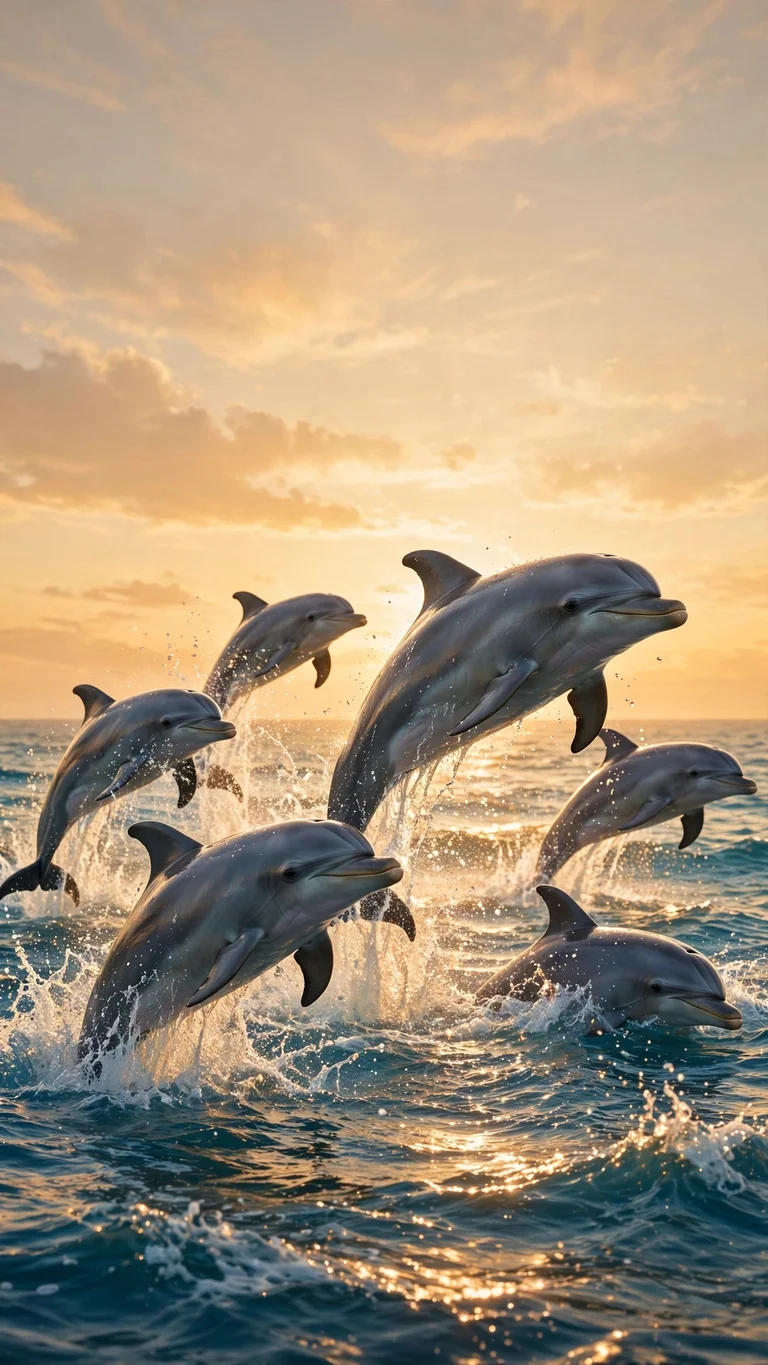 Pod of dolphins leaping out of the sea at golden sunset