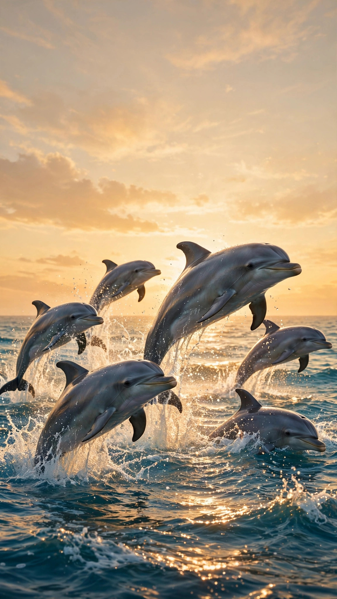 Pod of dolphins leaping out of the sea at golden sunset
