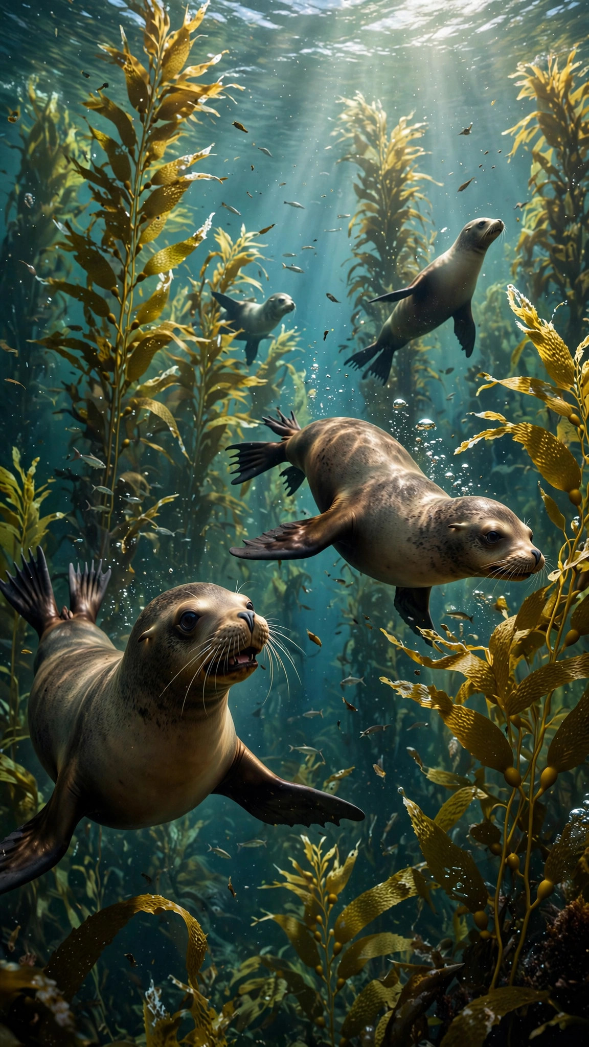 Sea lions weaving playfully through a sunlit kelp forest underwater
