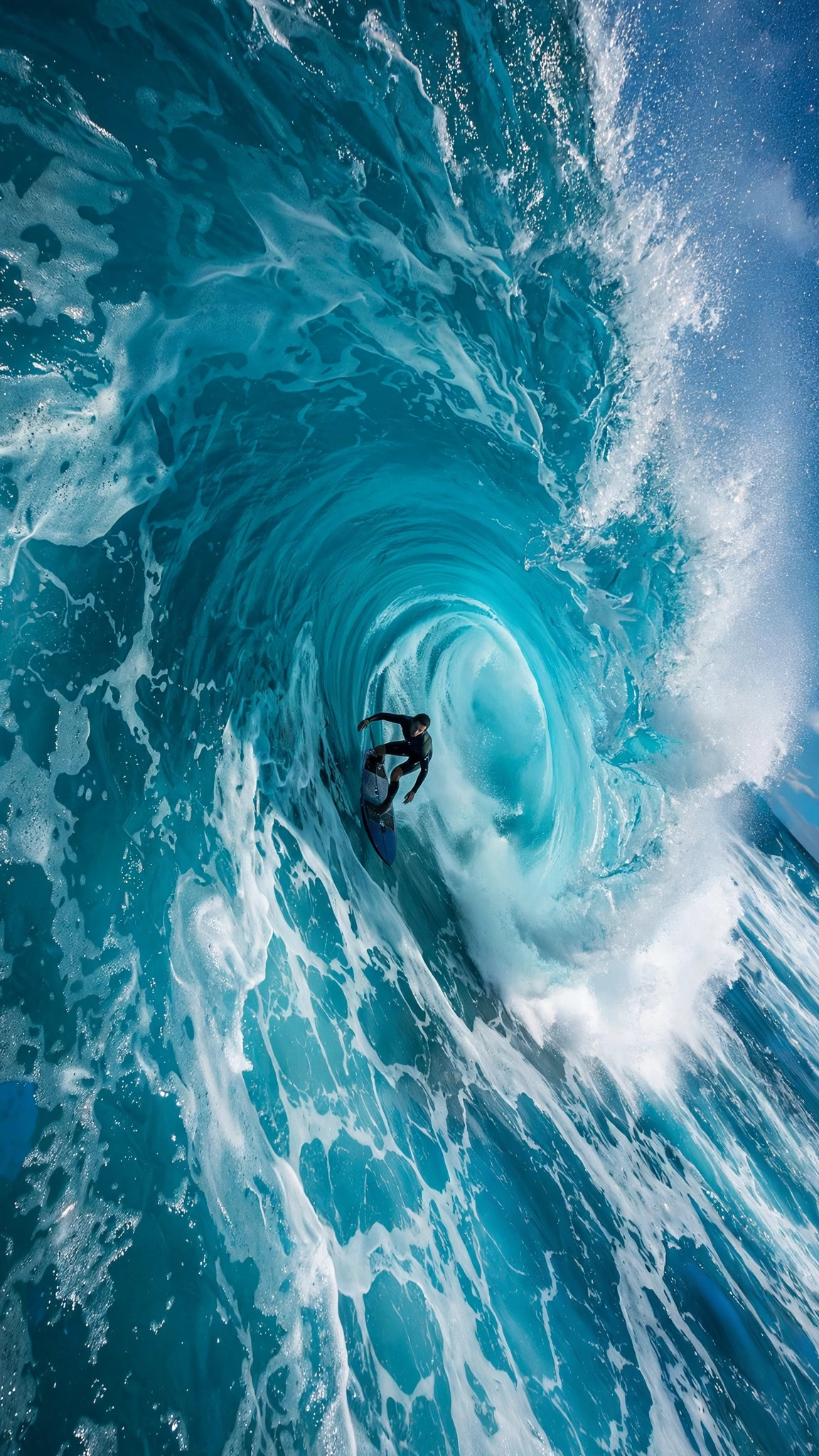 Surfer riding inside a giant turquoise barrel wave