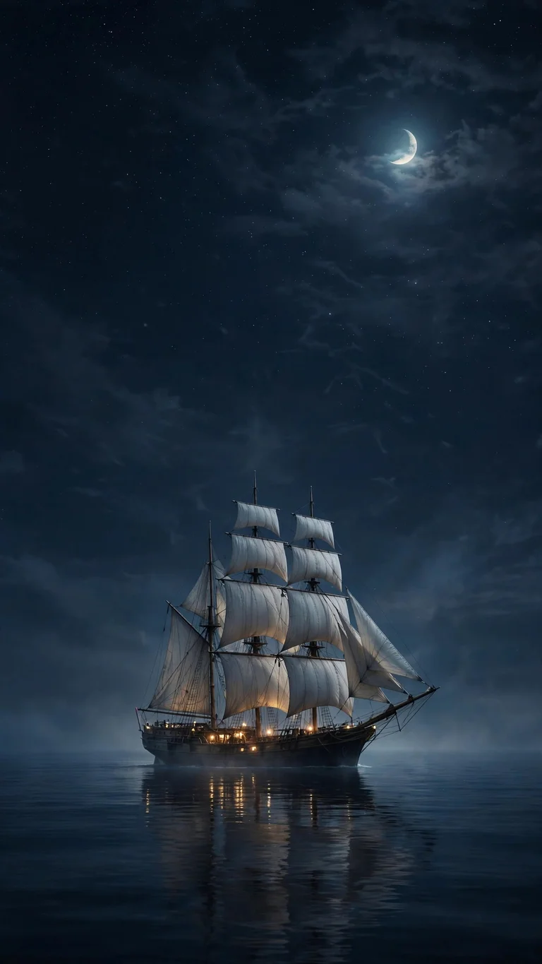Tall sailing ship with full sails gliding across a moonlit calm sea