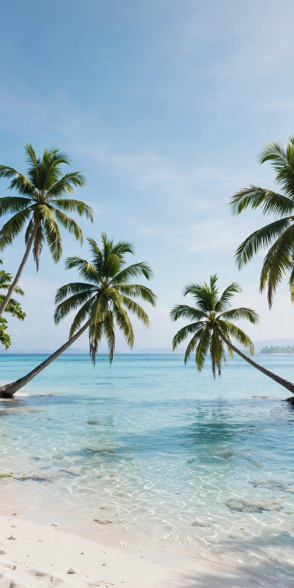 Tropical beach with leaning palm trees over crystal turquoise shallows