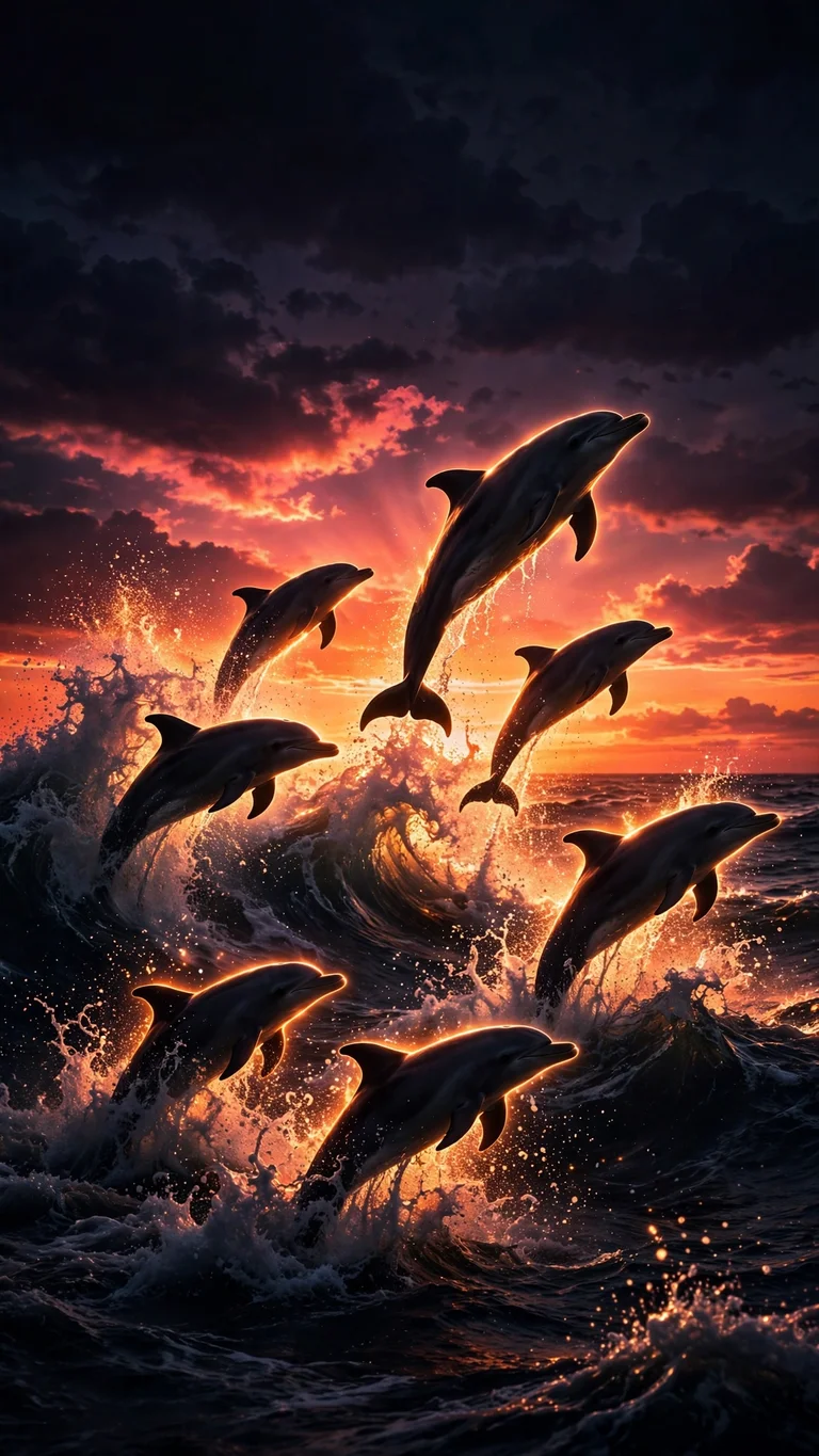 dolphin pod sunset ocean wallpaper free download