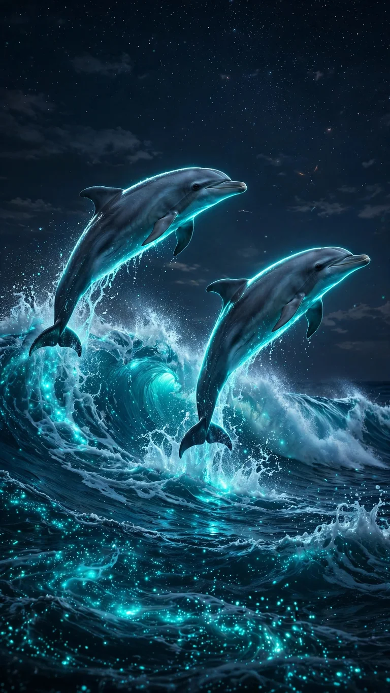 dolphins leaping over bioluminescent waves at night wallpaper