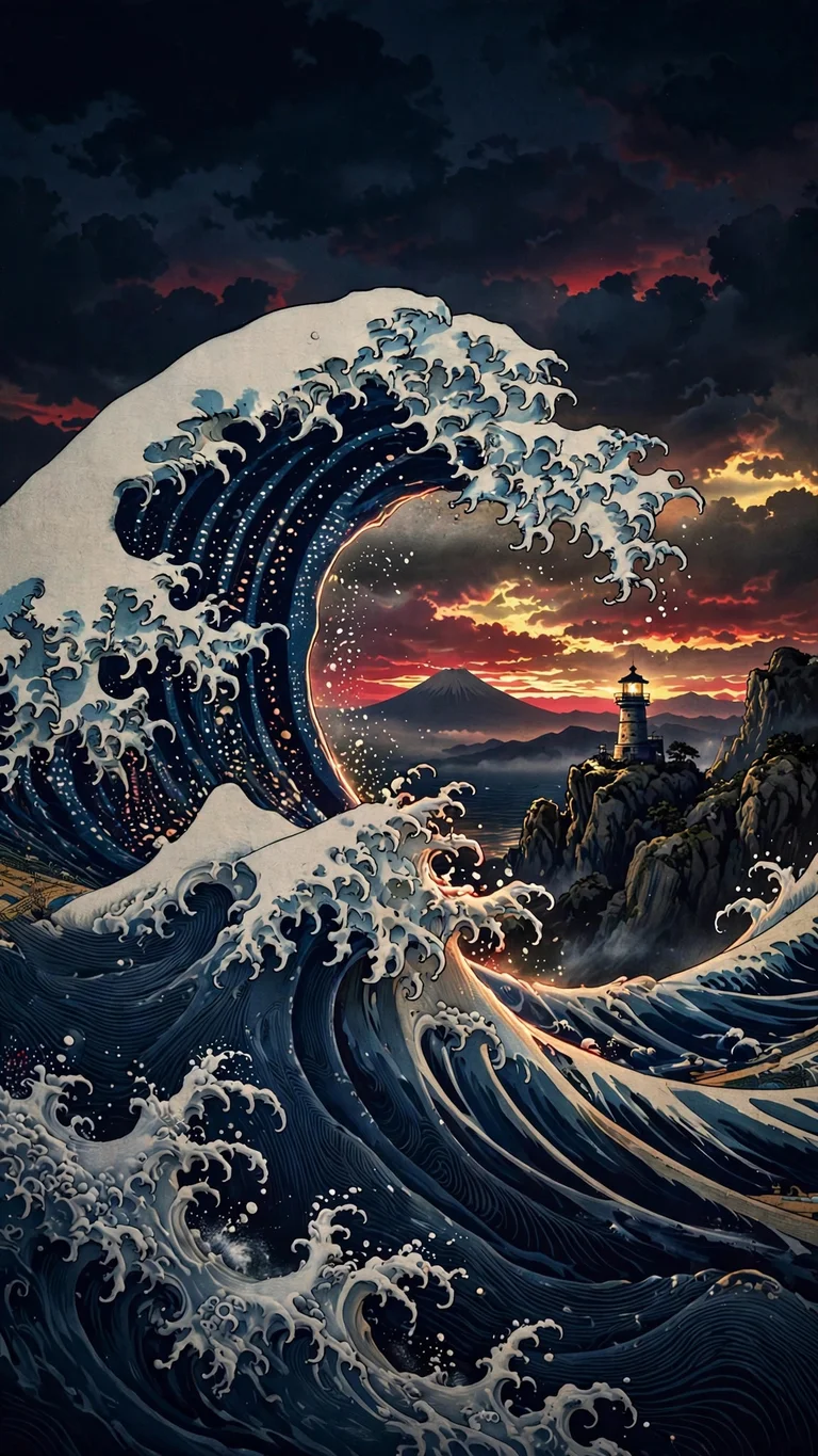 giant stylized ocean wave with lighthouse wallpaper