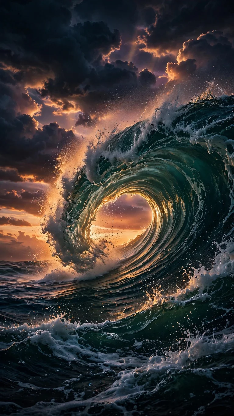 giant ocean wave barreling at golden dusk wallpaper
