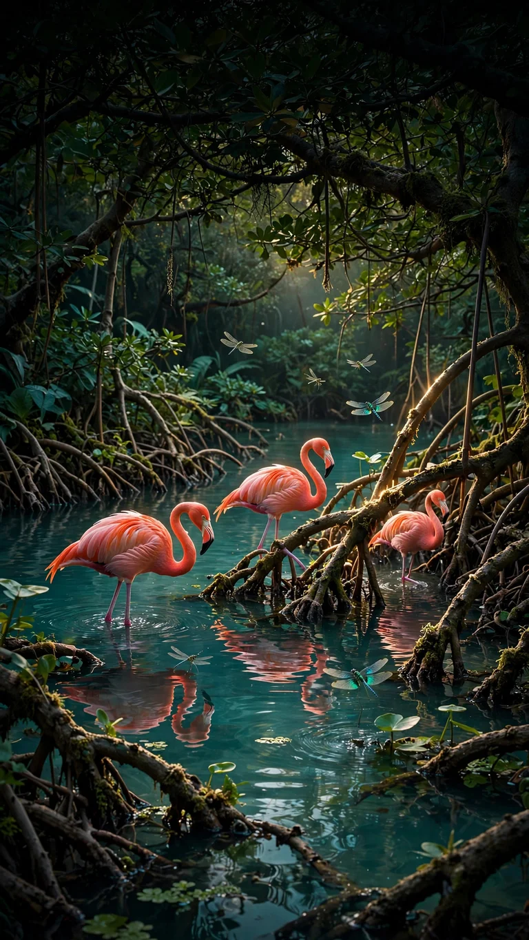 flamingos wading in a mangrove lagoon wallpaper