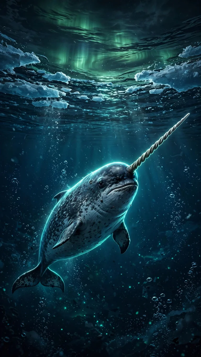narwhal swimming under aurora arctic water wallpaper