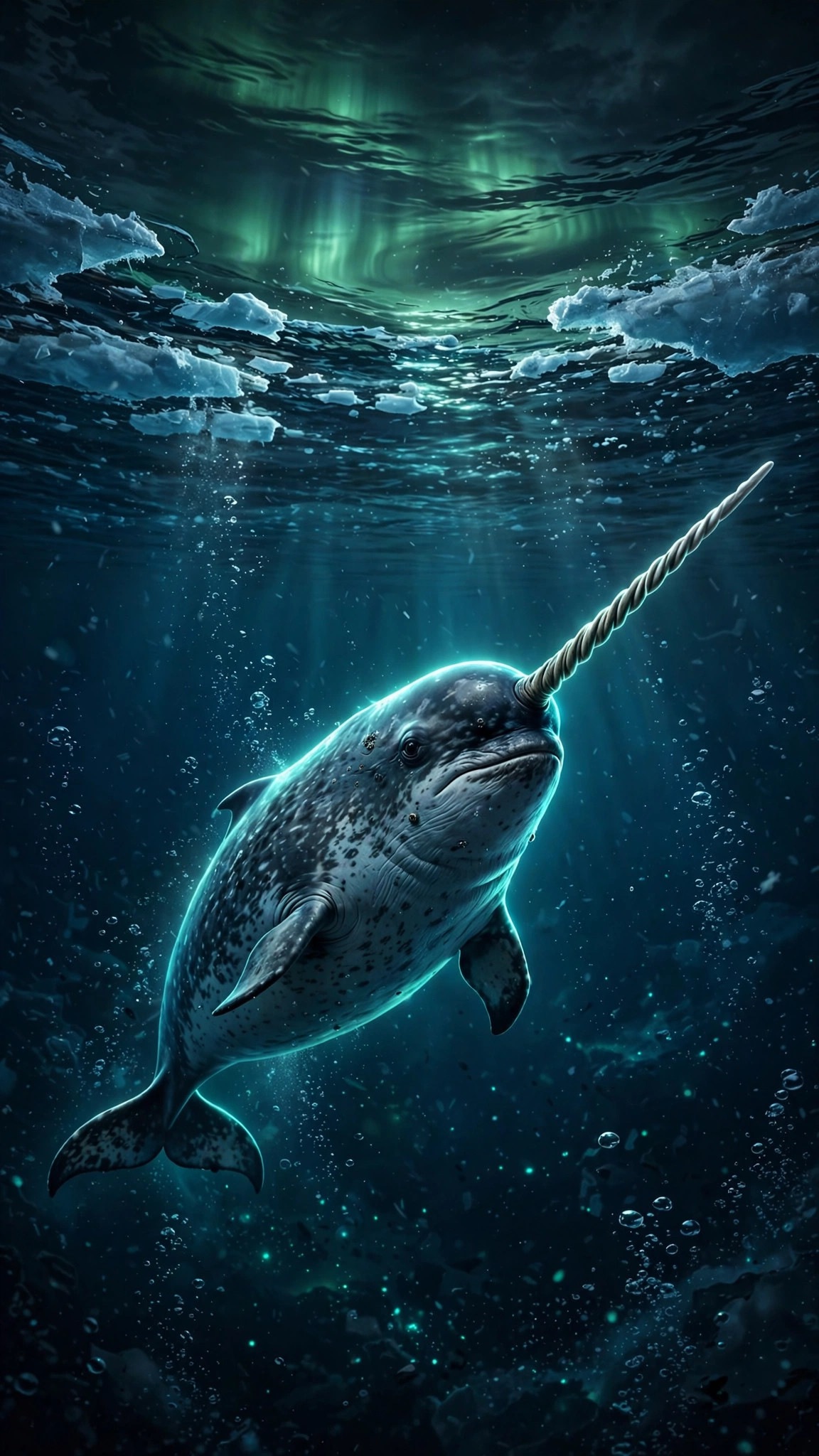 narwhal swimming under aurora arctic water wallpaper