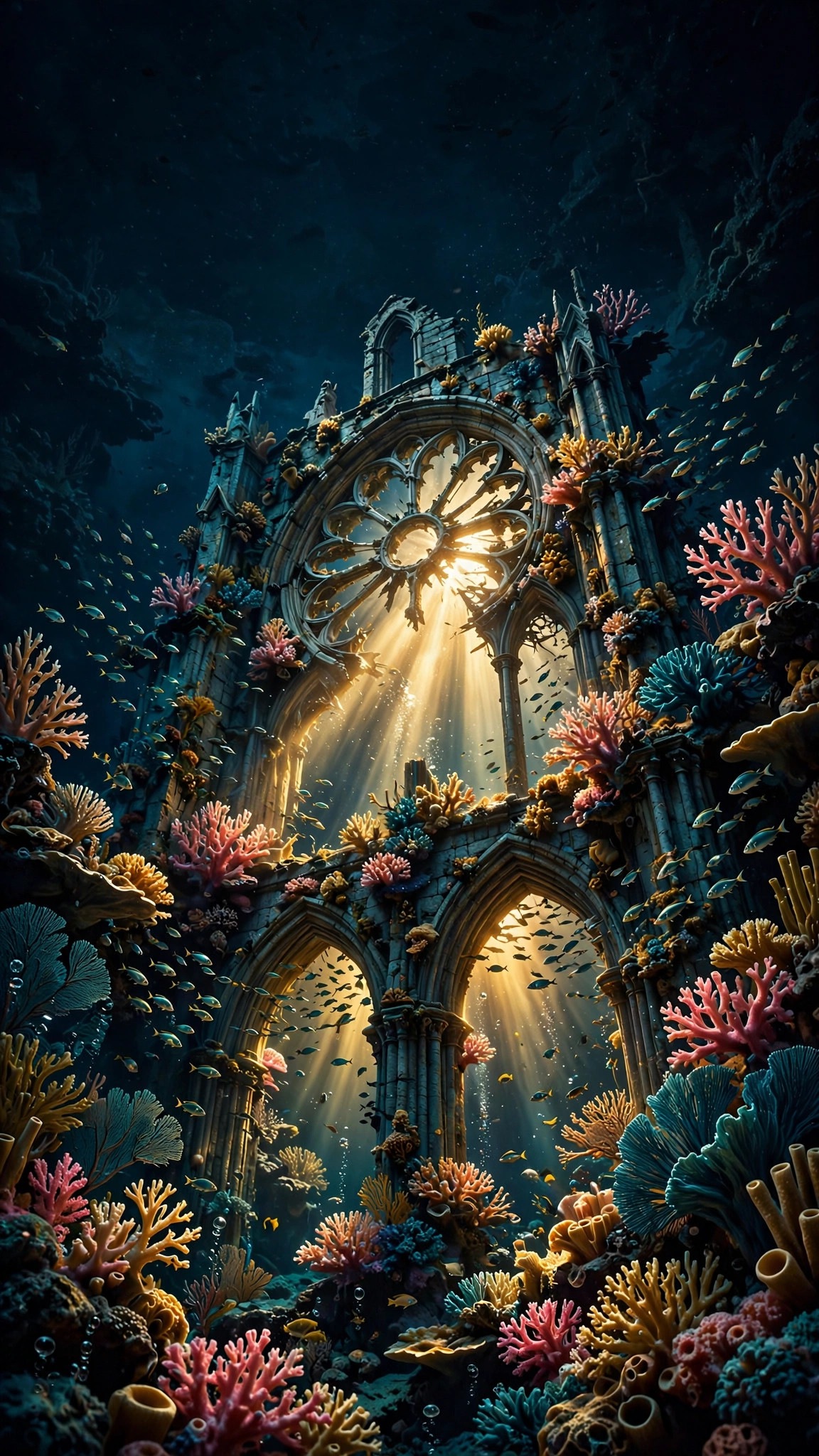 sunken cathedral ruin covered in coral underwater wallpaper