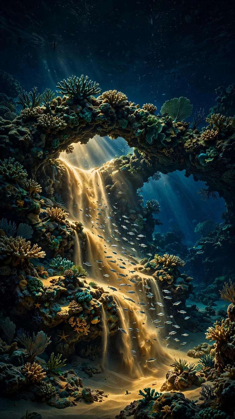 underwater sandfall beneath coral arch wallpaper
