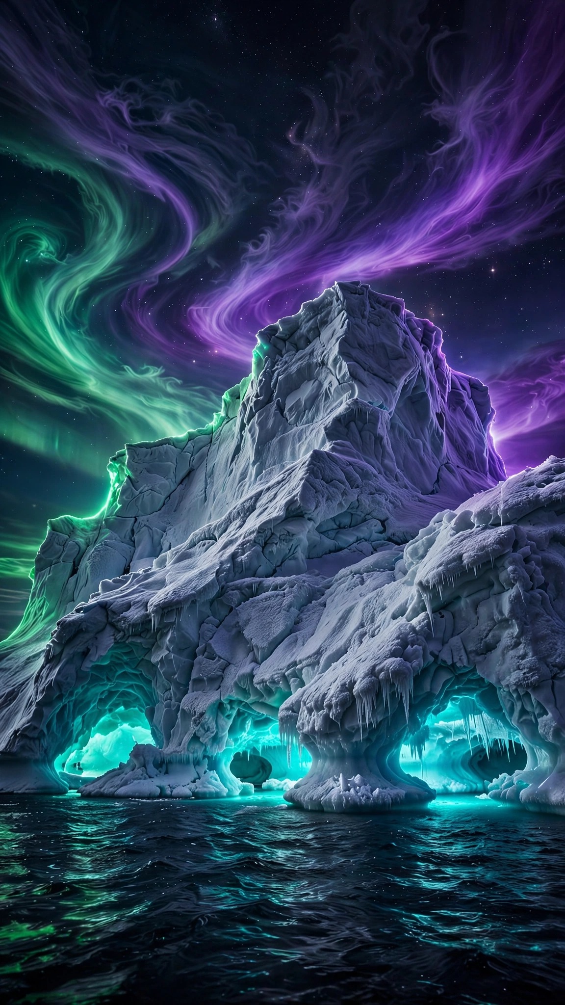 Phone wallpaper of a giant iceberg under the aurora borealis with glowing turquoise ice caves