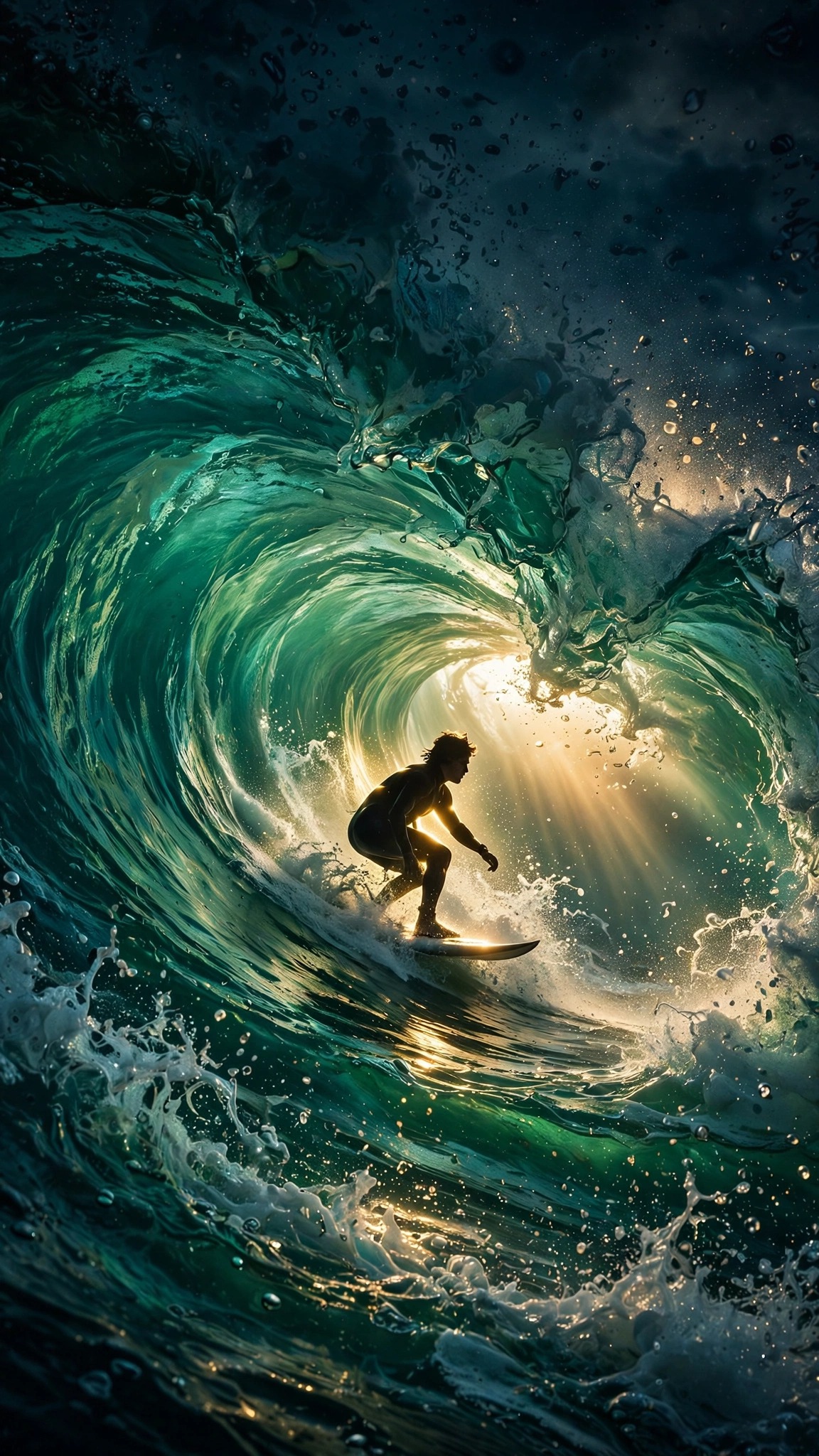 Phone wallpaper of a surfer inside a glowing emerald wave barrel