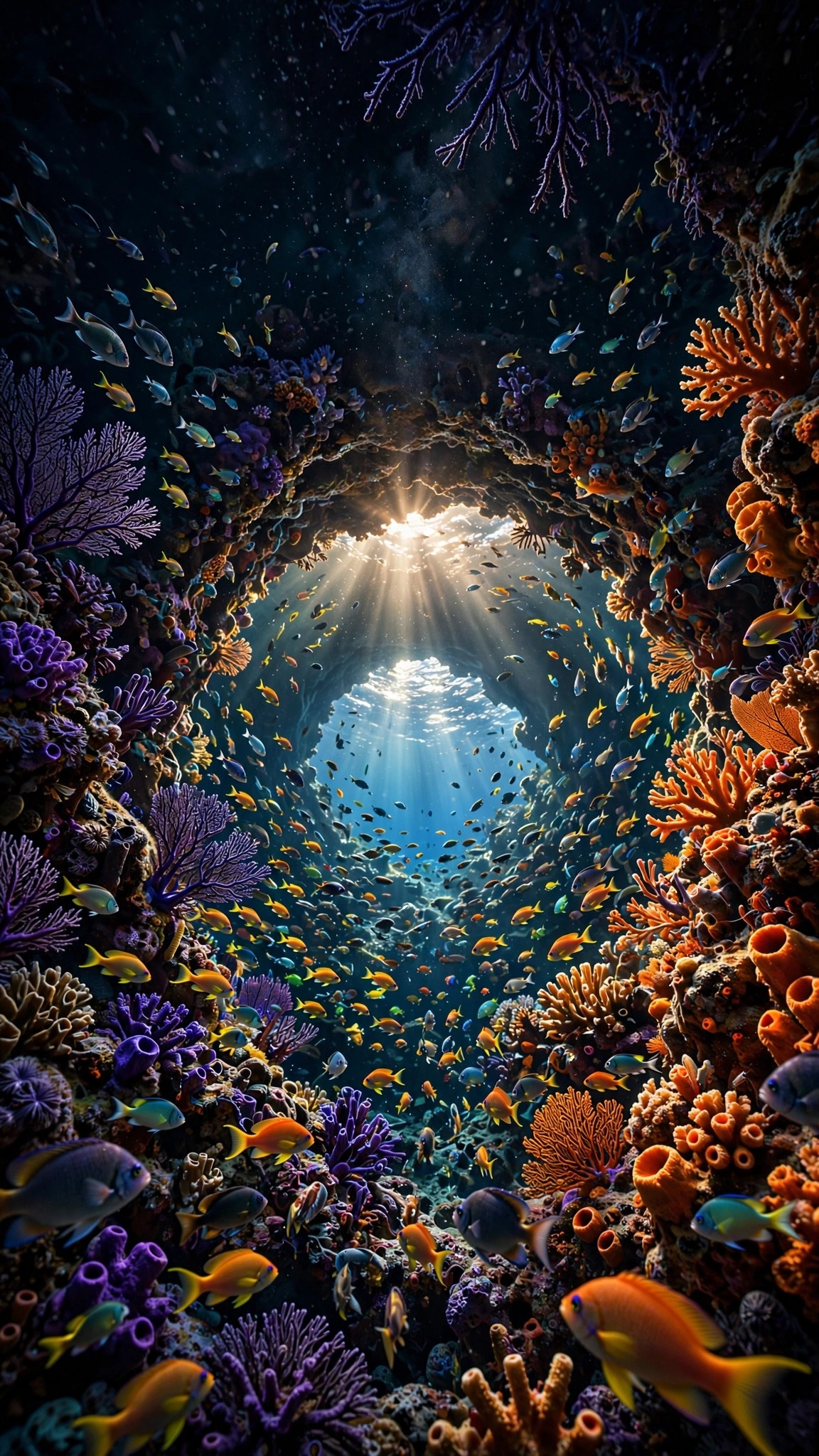 Phone wallpaper swimming through a colorful coral tunnel with sunbeams and tropical fish