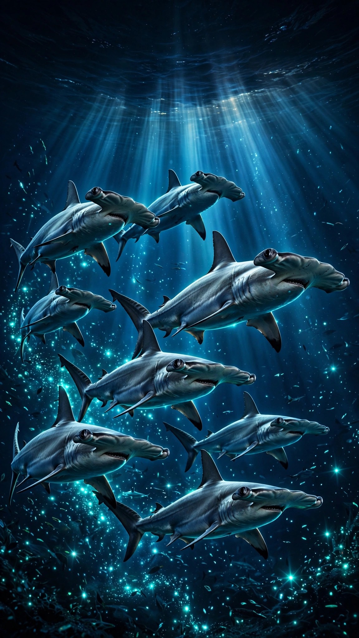 Phone wallpaper of hammerhead sharks swimming through a glowing deep-blue ocean abyss