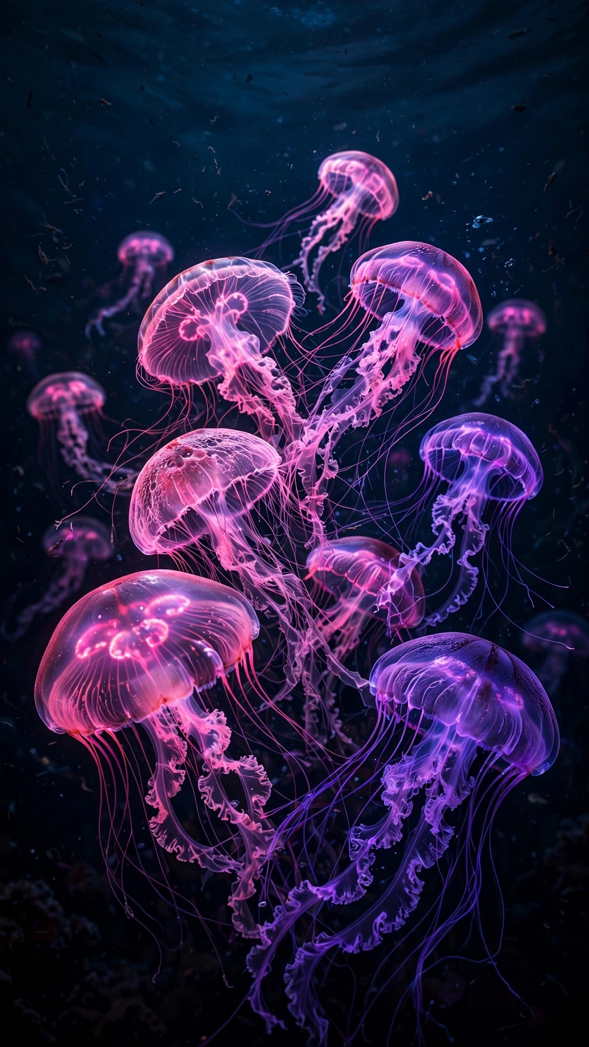 Phone wallpaper of glowing pink and violet jellyfish drifting in midnight-blue water