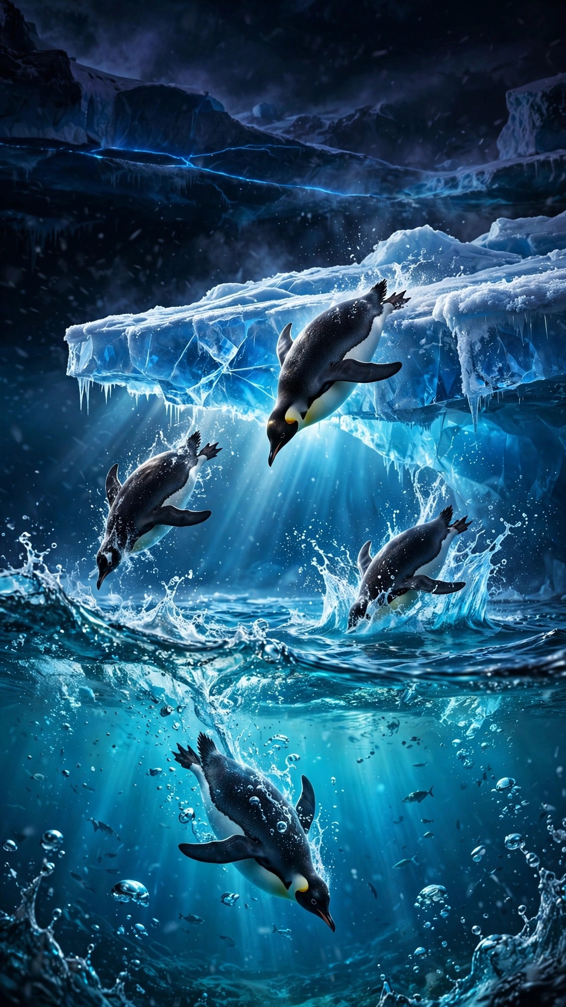 Phone wallpaper of penguins diving off a glowing blue ice floe