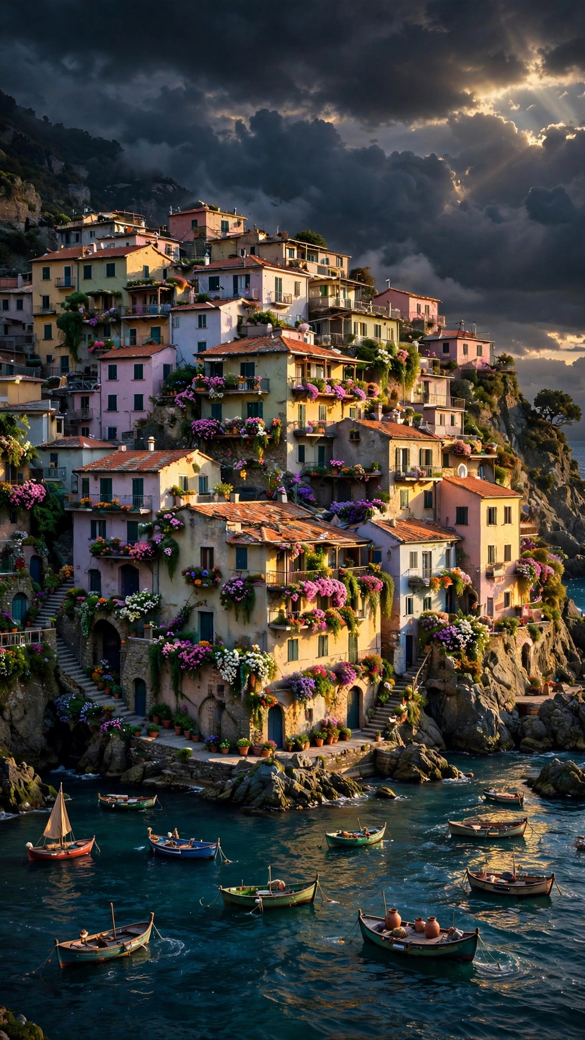 Cliffside Village Golden Sea - vertical ocean phone wallpaper
