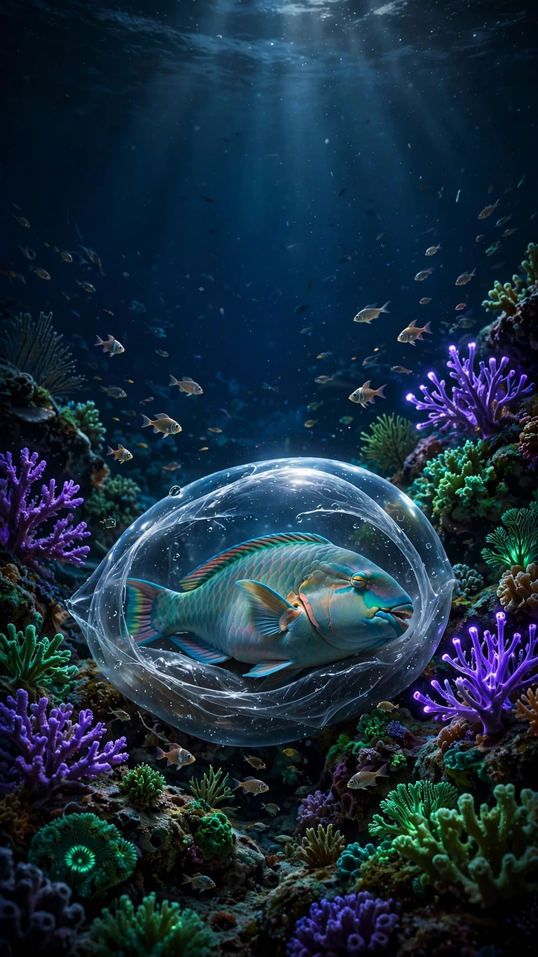 Parrotfish Bubble Night Reef - vertical ocean phone wallpaper