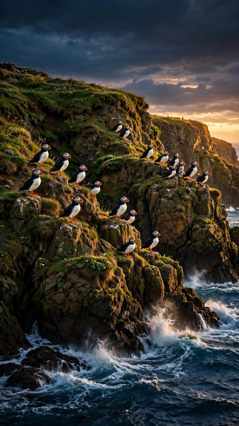 Puffin Colony Sea Cliffs - vertical ocean phone wallpaper